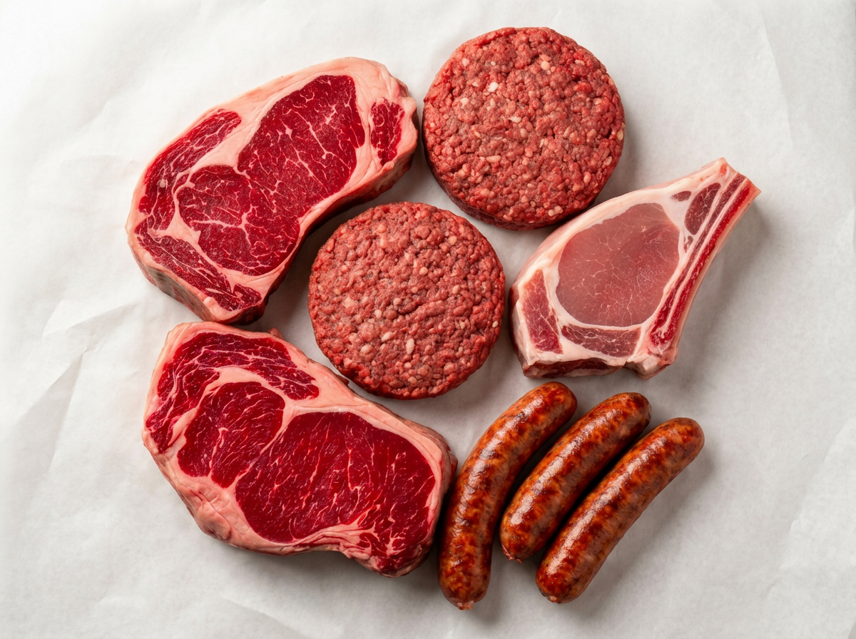 Grill pack with burger patties, steaks and pork chops on butcher paper
