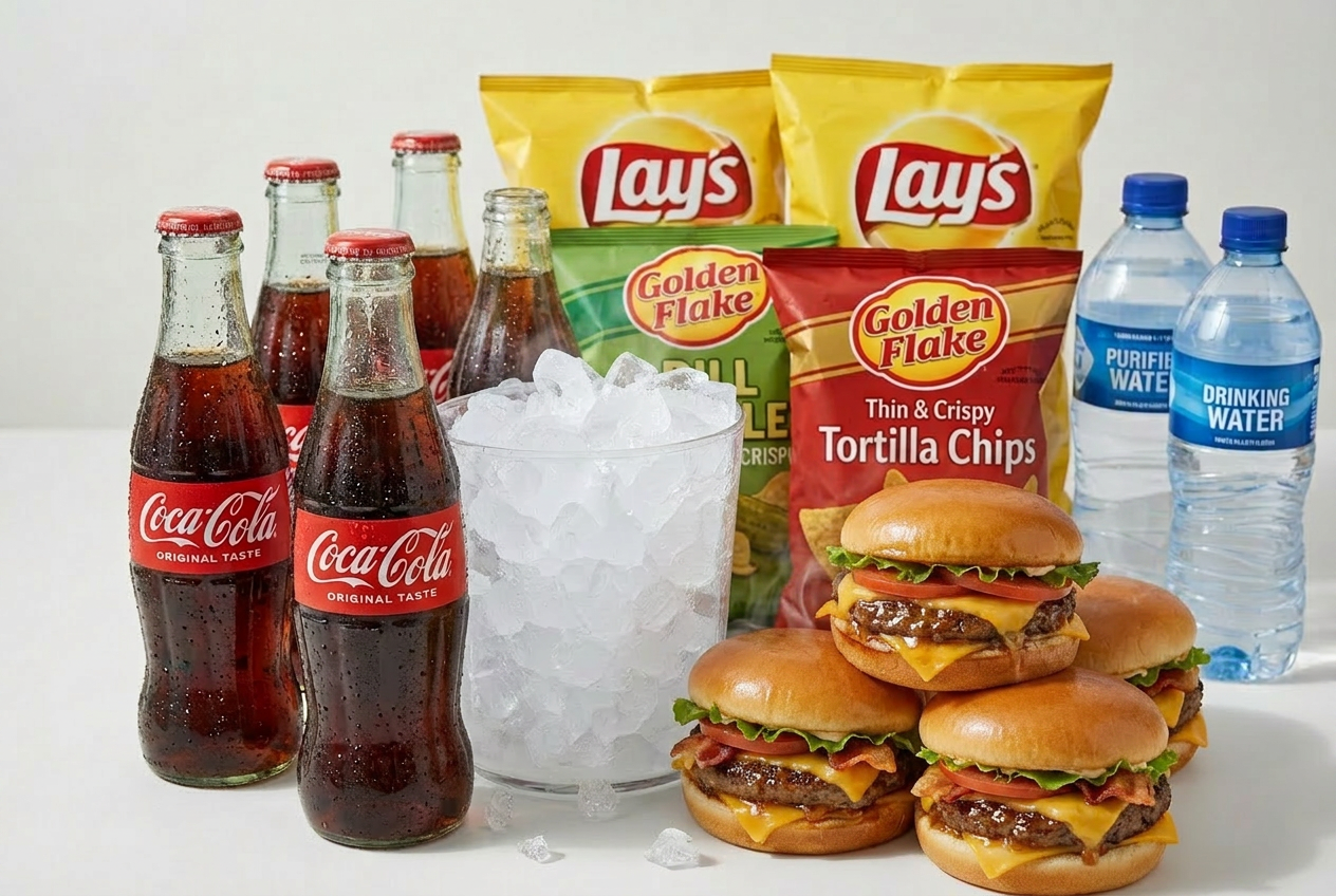 Cookout weekend essentials: bottled sodas, bagged ice, chips and buns