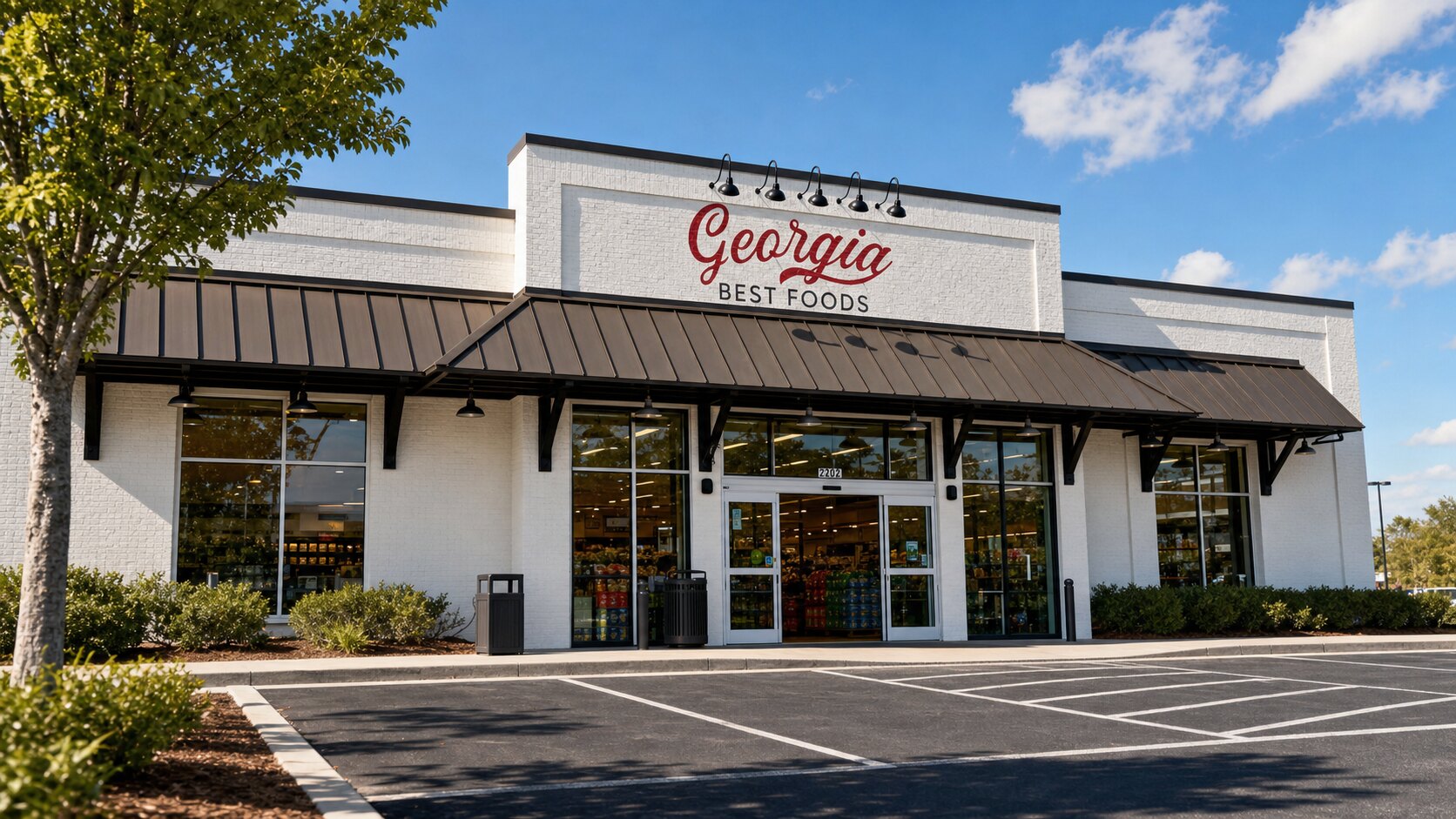 Georgia Best Foods storefront at 2202 US-41 in Tifton, Georgia, with its brown awning and red script sign